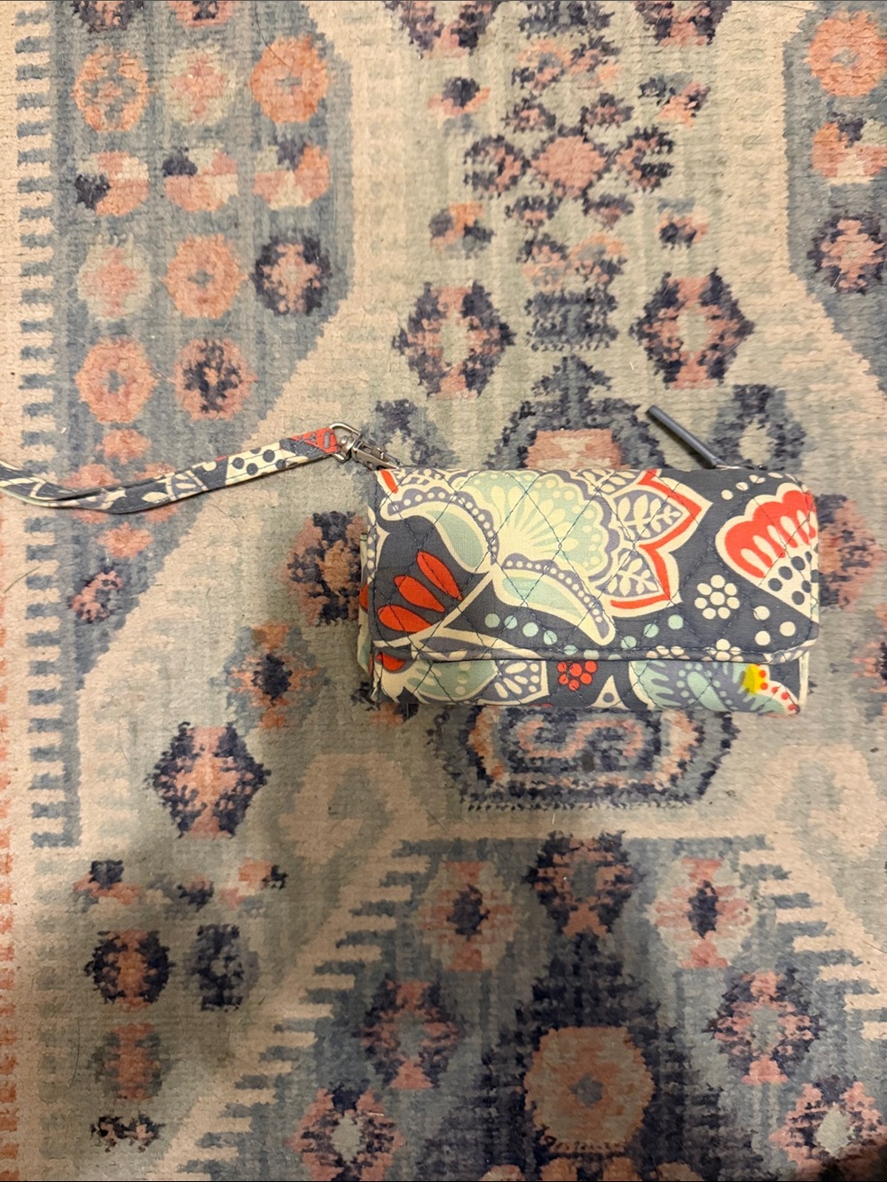 Vera Bradley Floral Quilted Wristlet in Navy, Light Blue & Coral